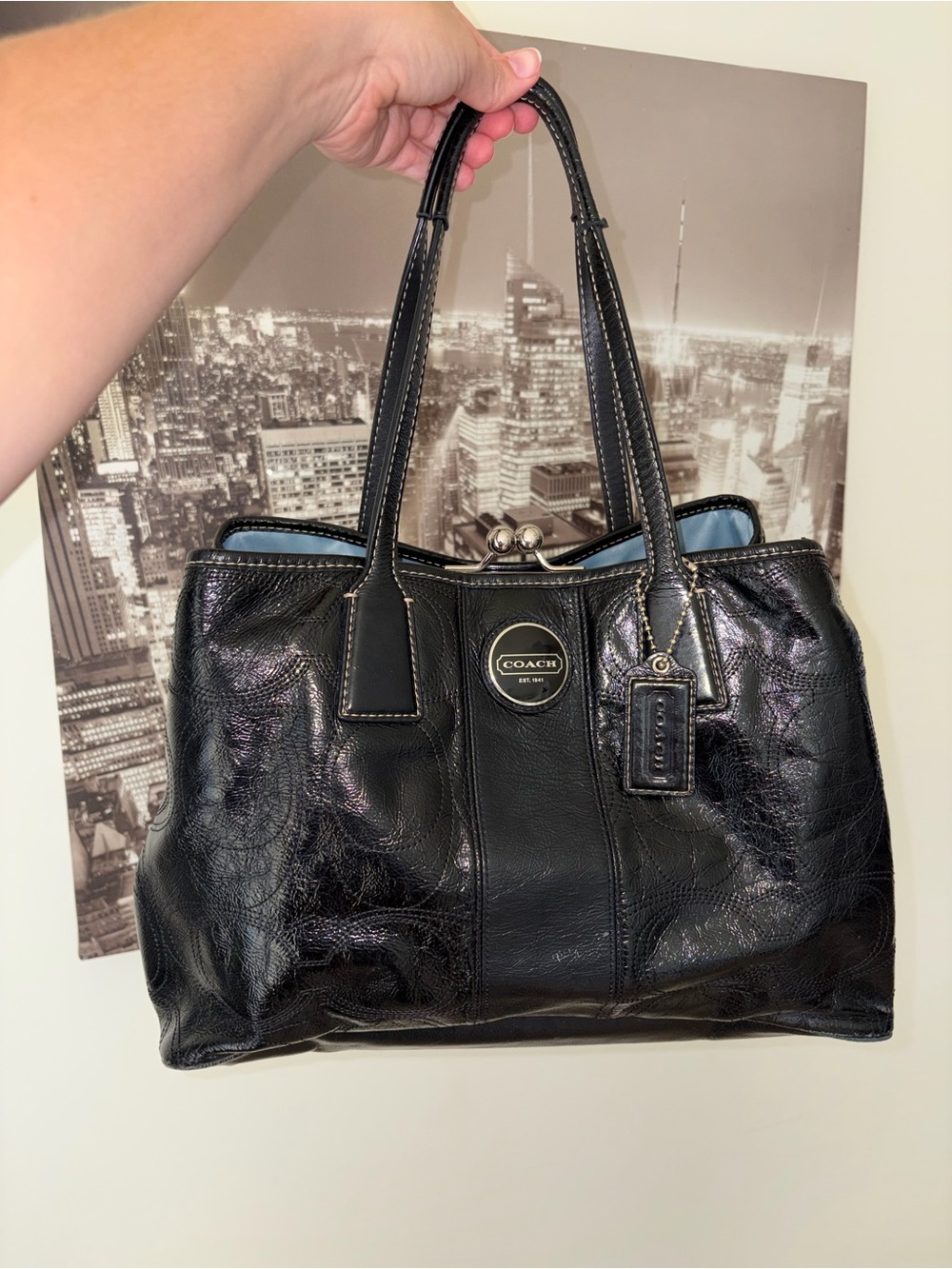 Coach Black Leather Shoulder Bag with Polished Logo